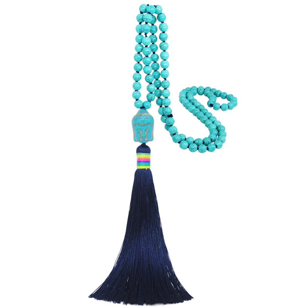 

Women Ethnic Jewelry Synthetic Blue Turquoises Stone Beaded Buddha Charm Tassel Pendants Necklace Sweater Chain Long Necklaces