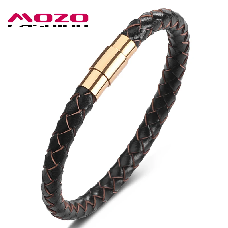 

MOZO FASHION 2020 Men Bracelet Brown Leather Bracelet Stainless Steel Gold Magnet buckle Bracelets Casual Male Gift Jewelry 663
