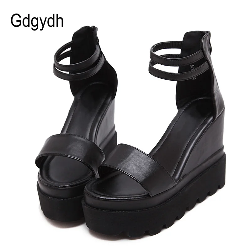 

Gdgydh 2019 New British Wedges Sandals Shoes For Women Open Toe Punk Shoes Woman Black Leather Platform Heels Drop Shipping