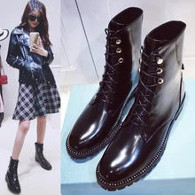 New European leather with short Flat Boots female Martin boots lace boots boots a single locomotive in the spring and autumn Kni