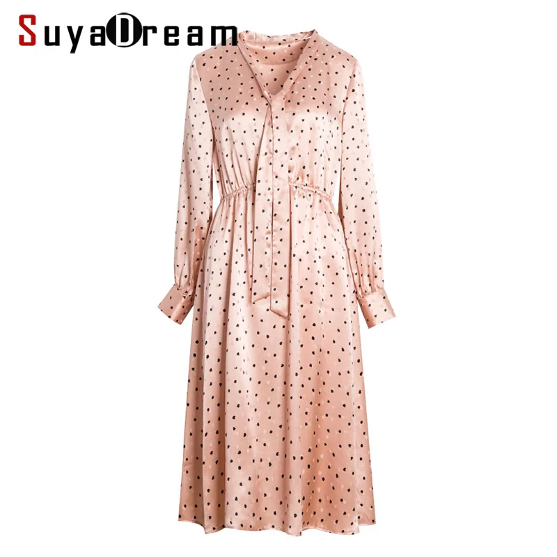 

Women Heavy Silk Dress 100%SILK SATIN Dots Printed Dress Long Sleeved Calf length Dresses for Women 2019 Spring Pink