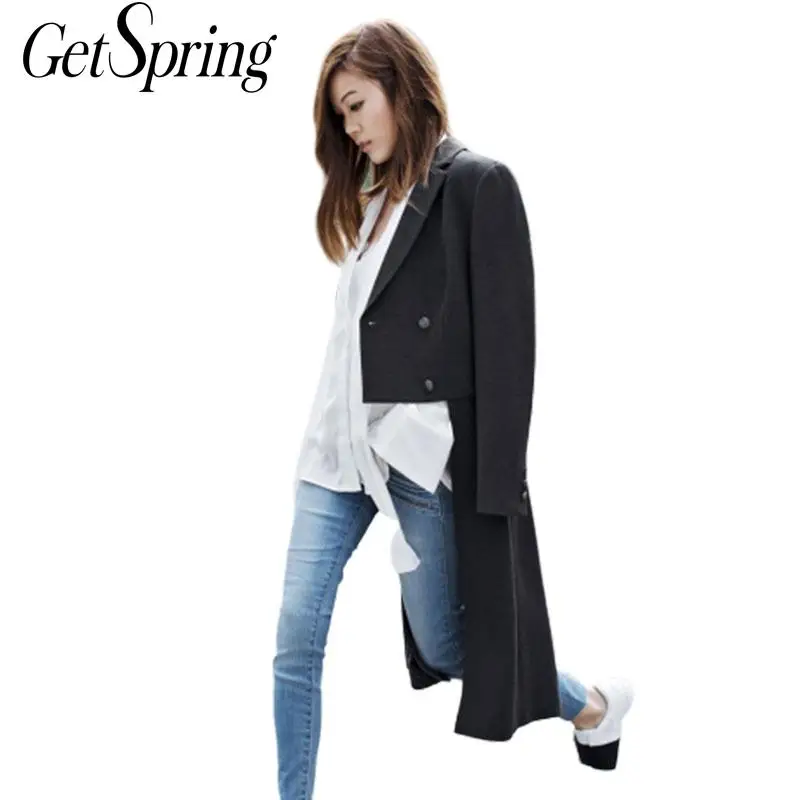 

GETSRING Women Coat Double Breasted Woolen Overcoat Long Sleeve Slim Irregular Long Black Coat 2018 Womens Casual Wear