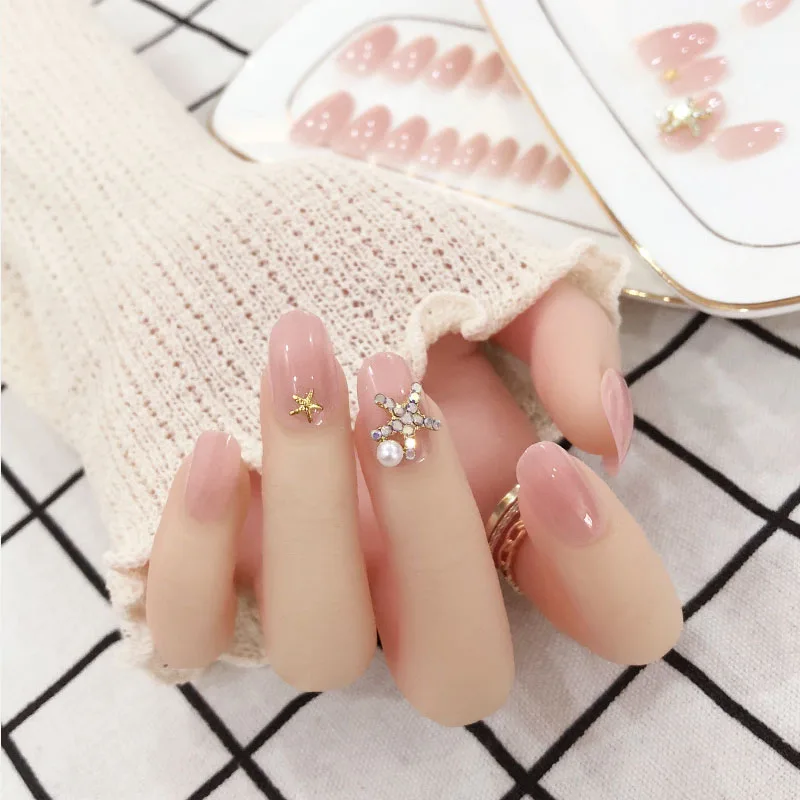 

24pcs Sweet Light Pink Artificial False Nails Rhinestone Finger Nails Tips Simple Long Top Full Cover Acrylic Press On Nail