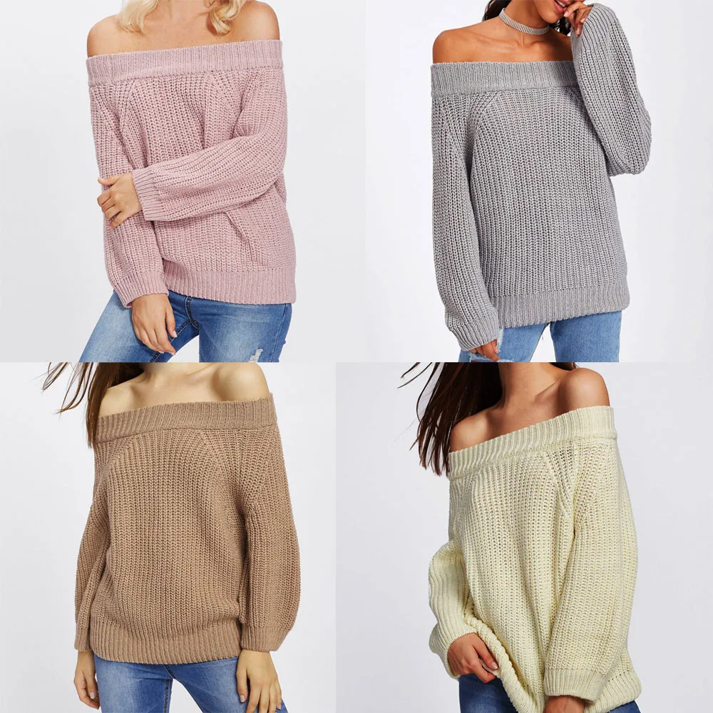 

Women Blouse Fashion Solid Long Sleeve Top Knitted Slash Plus Size Neck Sweater Strapless Blouse blusas mujer de moda 2019