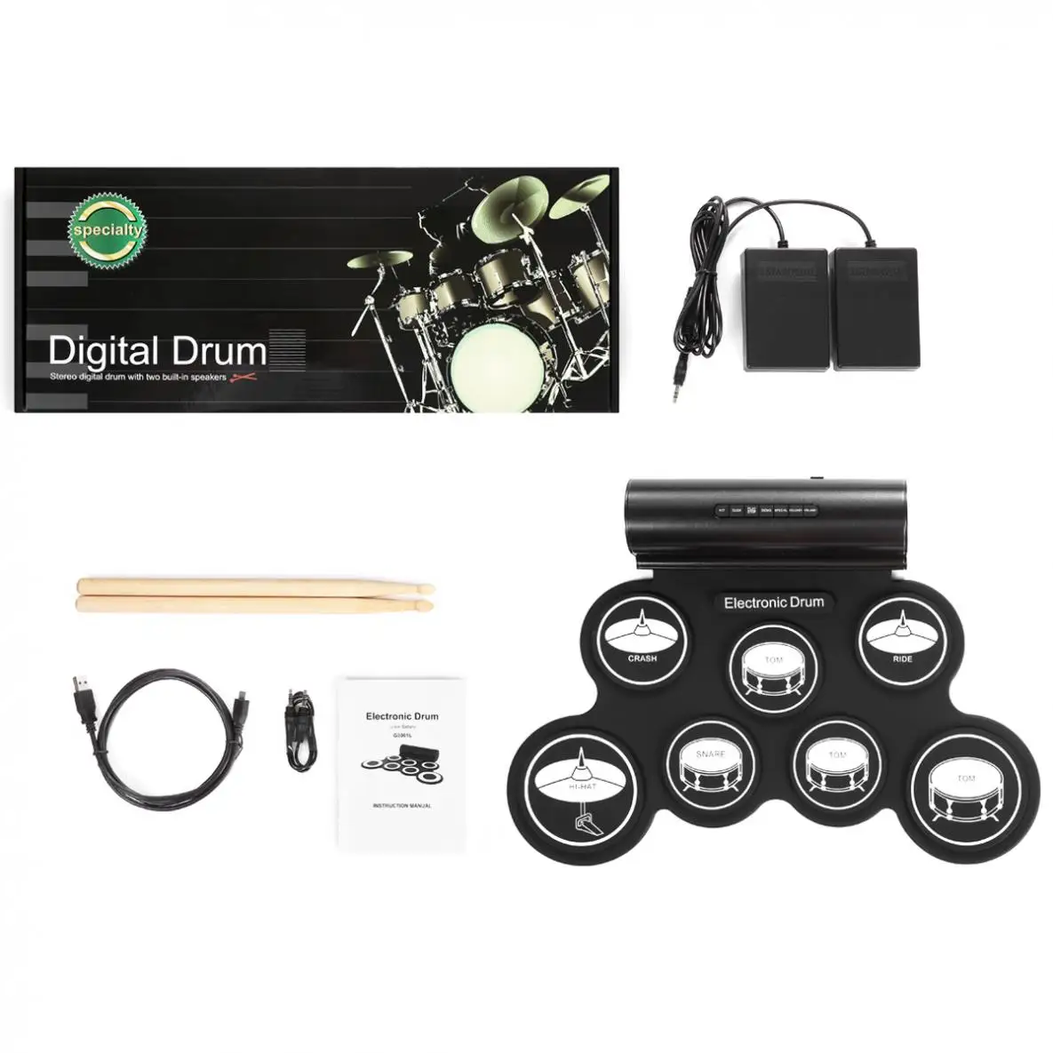 Портативный свернутый электронный барабанный набор 7 силиконовых подушечек Встроенные динамики Поддержка USB MIDI с барабанными палочками Sustain педали
