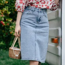 Летняя Корейская женская джинсовая юбка с высокой талией, синяя Повседневная Ретро Облегающая джинсовая юбка до колена с разрезом сзади, Женская мода