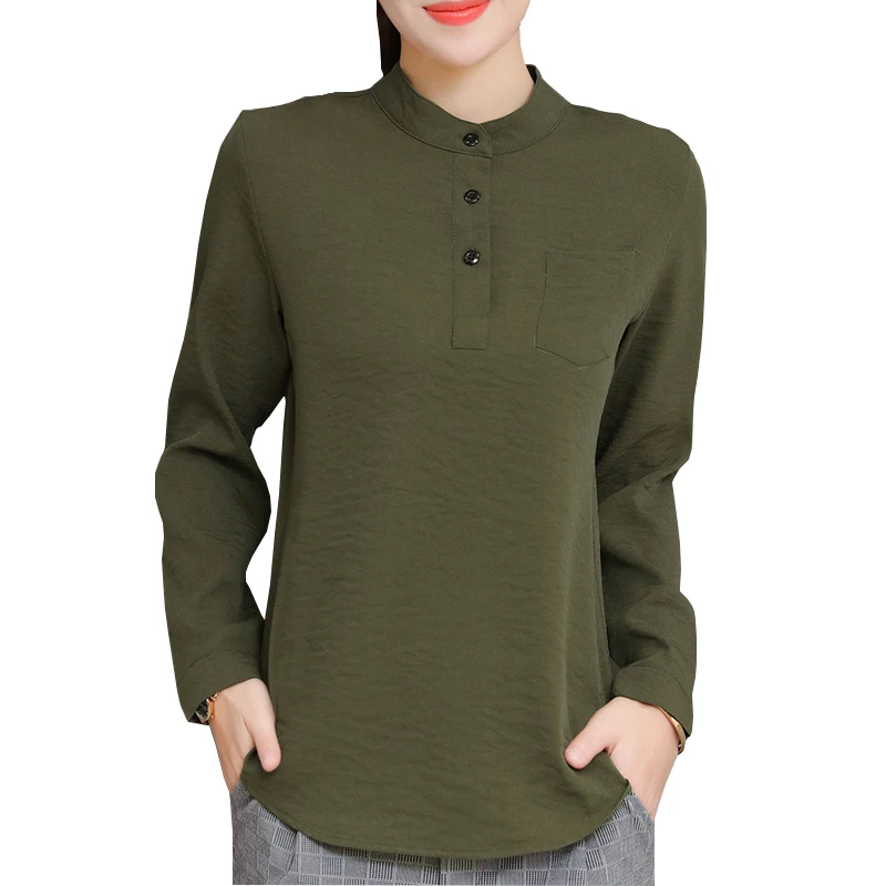 

Button Decor Lady Casual Pink Blouses Plus Size S-4XL Long Sleeve Fashion Army Green Solid Color Women OL Shirts