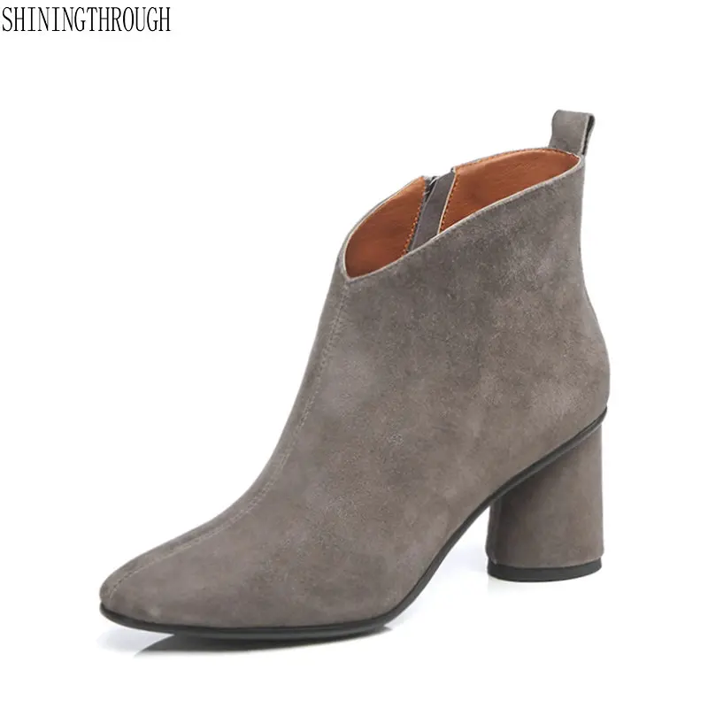 

New suede leather women 7cm high heels boots woman spring autumn ankle boots woman ladies dress shoes size 42 black gray khaki