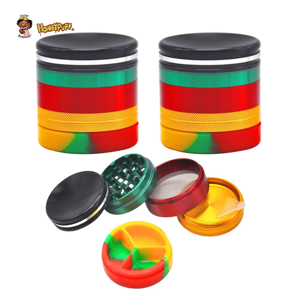 

Rasta Color Aluminum Smoking Grinder Silicone Storage Stash Jars 63MM 5Piece Metal Tobacco Grinders Herbal Crusher