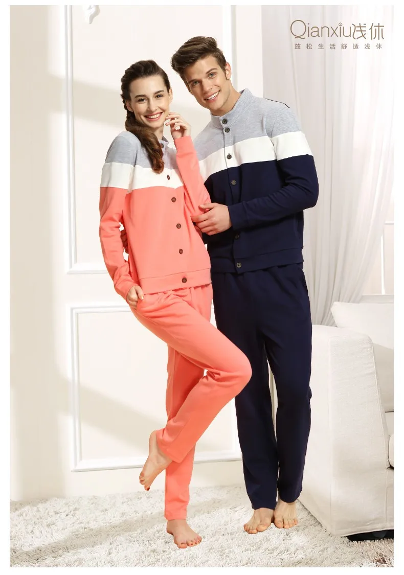 Осенний брендовый пижамный комплект для пары, повседневная домашняя одежда в стиле пэчворк, Мужской Хлопковый пижамный комплект, мужской кардиган с длинными рукавами, пальто+ штаны