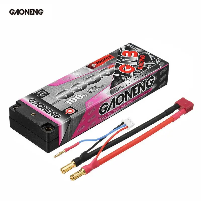 

Gaoneng 7.6V 6000mAh 100C 2S HV 4.35V Rechargeable Lipo Battery 5.0mm Banana Plug T Plug for 1:10 RC Car Boat