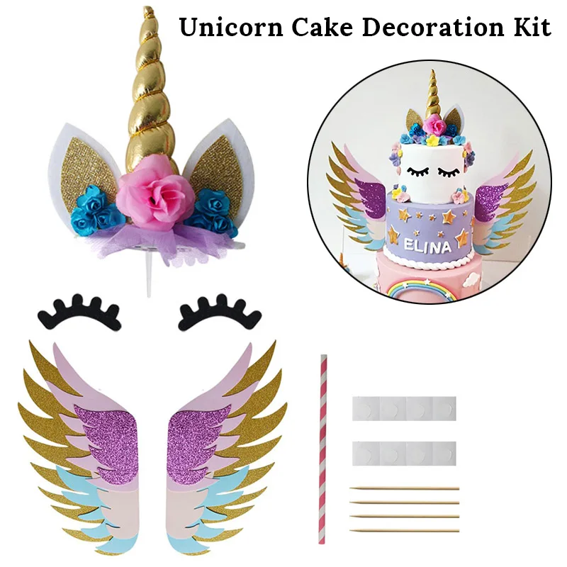 Вечерние принадлежности для девочек в виде единорога, розовый Радужный баннер Единорог, тарелка, воздушный шар, салфетка, обертка для кекса, детский Декор для дня рождения - Цвет: 1set Cake Topper