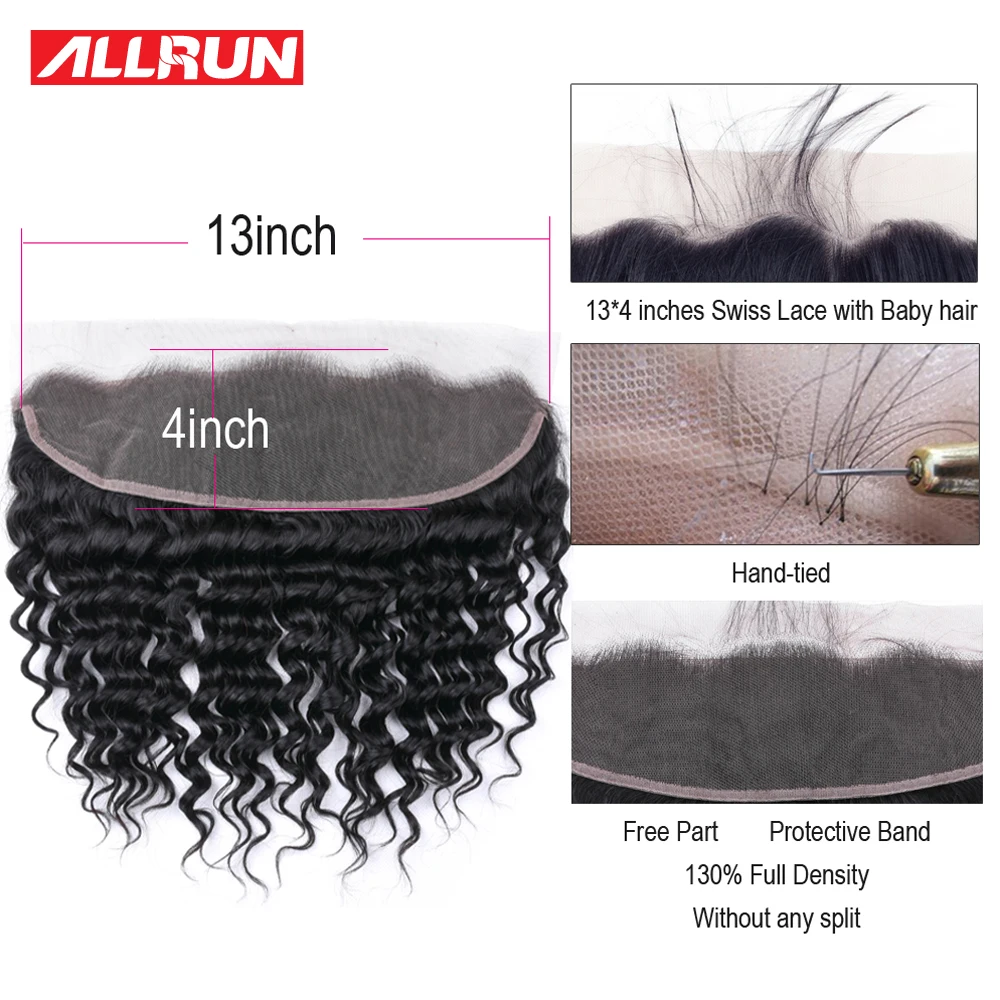 Allrun Hair Peruvian Deep Wave Human Hair Lace Frontal Closure PrePlucked 13x4 Ear To Ear Full Lace Closure Human Hair Extension