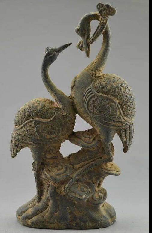 

Collectible Decorated Old Handwork Bronze Carved Pair Crane On Tree Statue