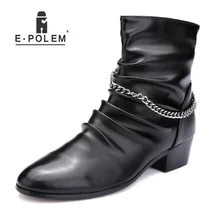 Черные мужские ботинки в стиле рок с цепочкой и металлическим украшением; модные ботинки в стиле панк; сезон весна-осень; Ботильоны на молнии с острым носком