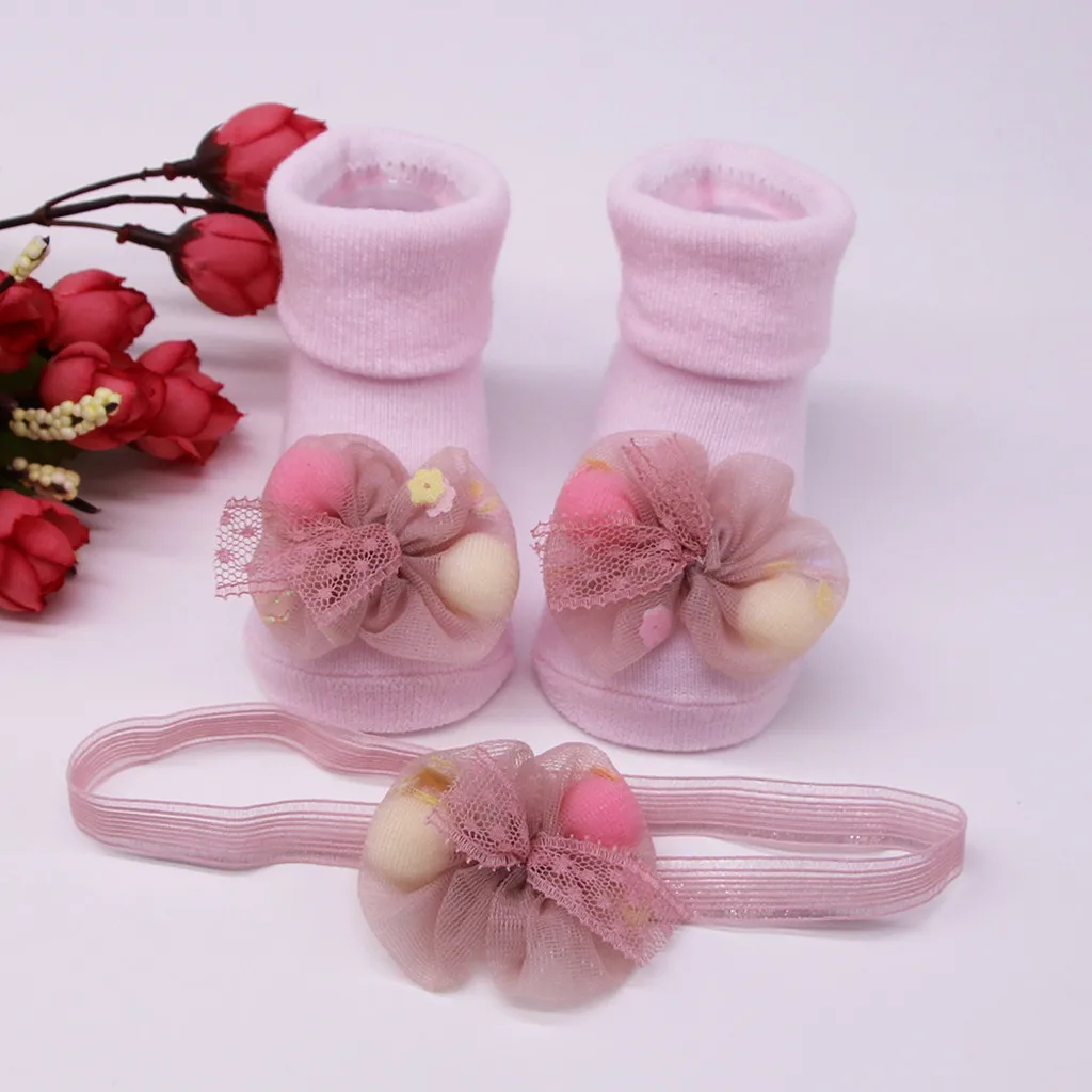 Новые милые мягкие носки для новорожденных девочек с рисунком+ пояс для волос, новые детские Нескользящие носки с аппликацией для Новорожденные малыши и девочек - Цвет: H