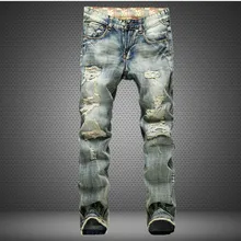 Men’s Fashion Brand Designer Ripped Biker Jeans Men Distressed Moto Denim Joggers Washed Pleated Jean Pants Black Blue