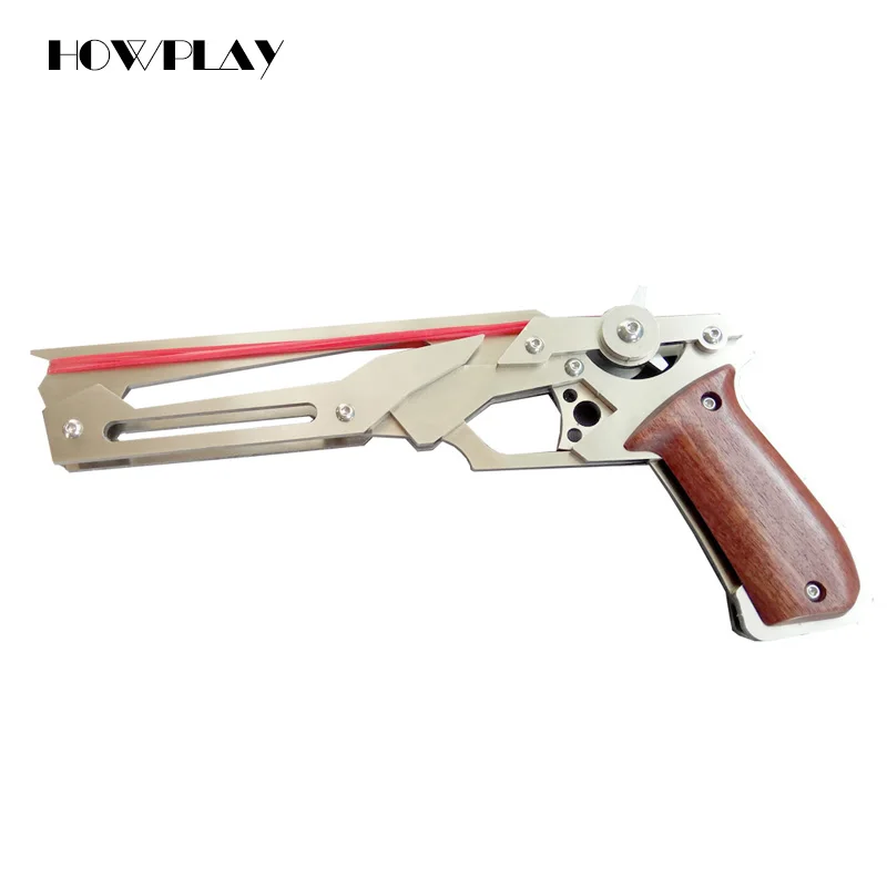 

HowPlay toy gun rubber band gun metal toy pistol wooden handle color stainless steel 6 bursts shoot weapon toy for children boy
