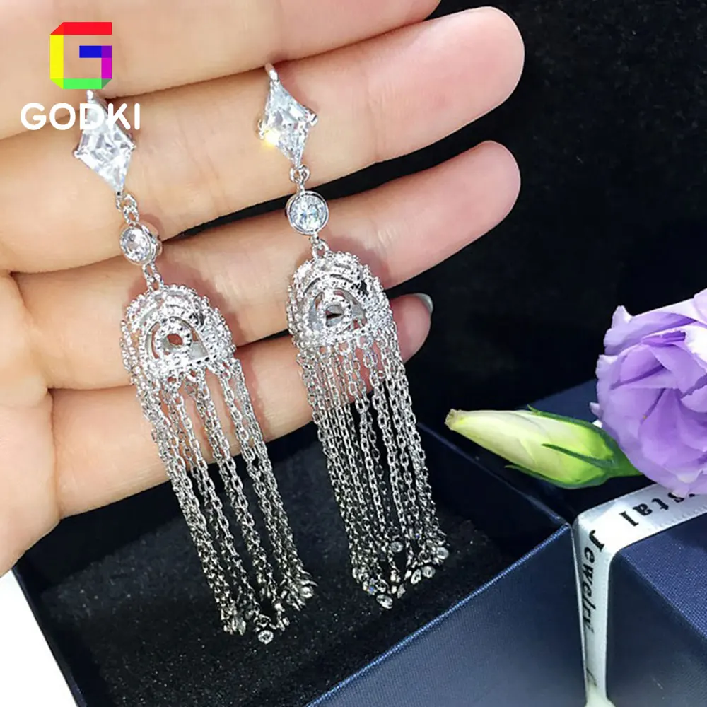 

Long Tassel LUXURY AAA Cubic Zircon Women Engagement Silver Earrings Studs Jewelry Party Gift