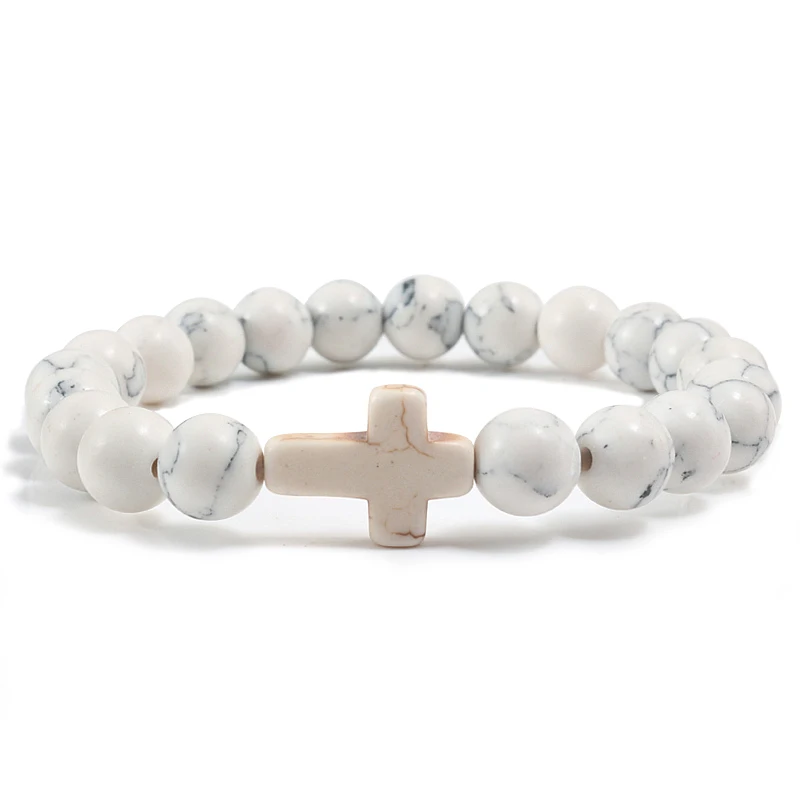 Trendy Jesus Cross Charm Blue Turquoises Men Bracelet Black Lava Stone 8mm White Beads Bracelets Bangles for Women Yoga Jewelry