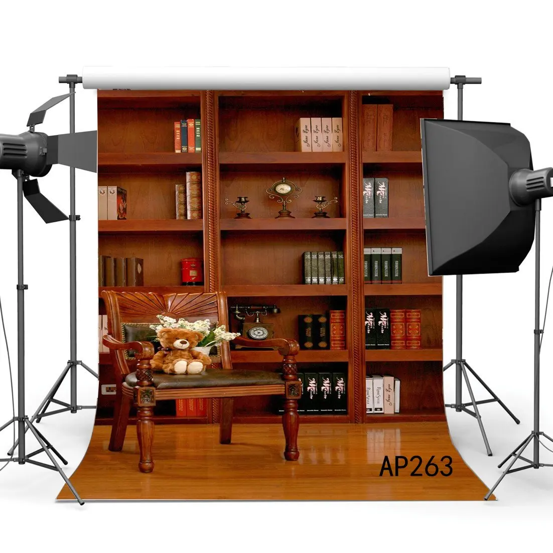 

Photography Backdrops Fancy European Interior Bookshelf Chair Bear Seamless Newborn Baby Toddlers Background