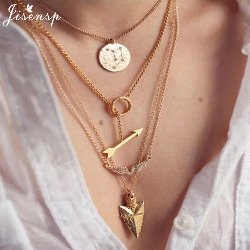 

Jisensp Vintage Gold Multilayer Arrow Sweater Chain Long Necklaces Pendants for Women Boho Jewelry Round Necklace Chokers collar