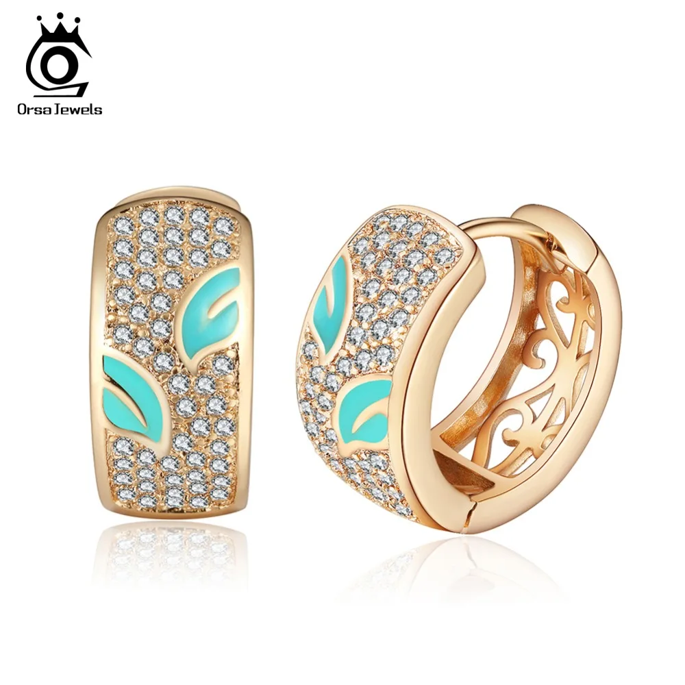 

ORSA JEWELS Luxury Women Hoop Earrings 3 Color Enamel With Paved AAA Cubic Zircon Gold-color Female Earring Trendy Jewelry OME68