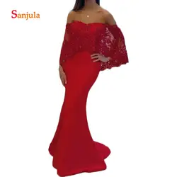 Красное вечернее платье для Для женщин специальные Платья для вечеринок Лодка шеи с плеча великолепные вечерние платья с кружевное
