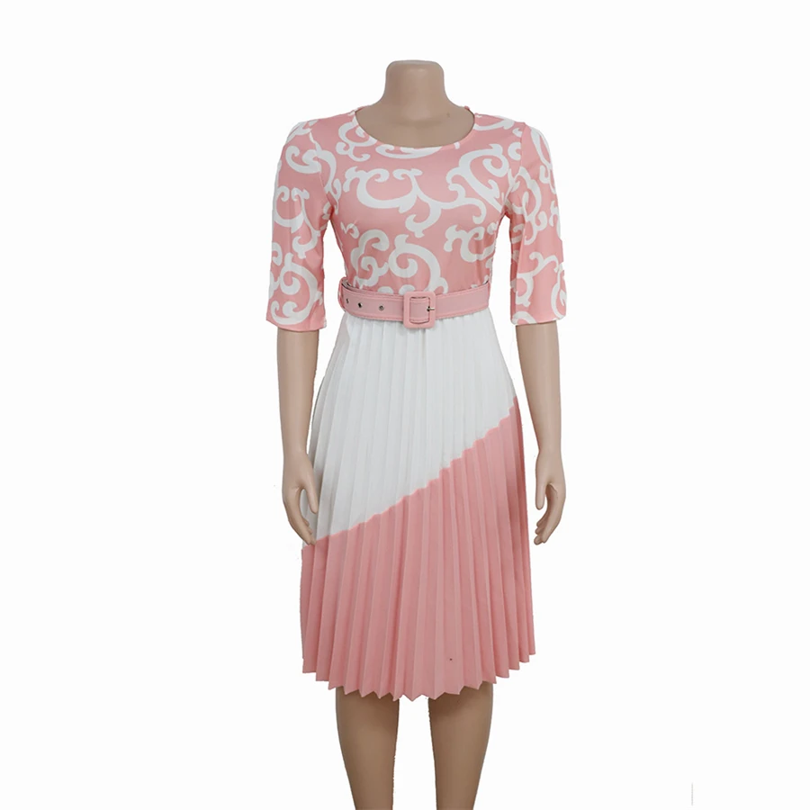 GuyuEra African Women's Dress Round Neck Medium Sleeve Print Pleated A-line Dress