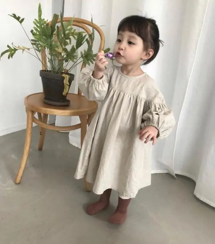 Autumn Girls Cotton and Linen Lantern Sleeves A Line Princess Dresses Toddler Children Cotton Long Length Ruch Causal Dress