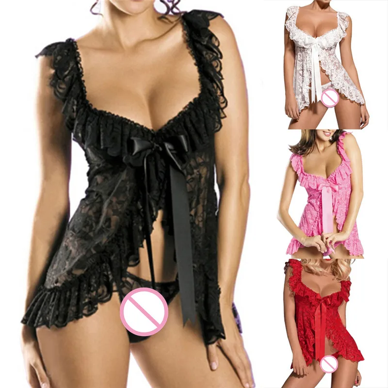 

Women Hot Lingerie Front Open Sleepwear Sets Plus Size Europe And America Style Sexy Lace Perspective Dress + T Pants New