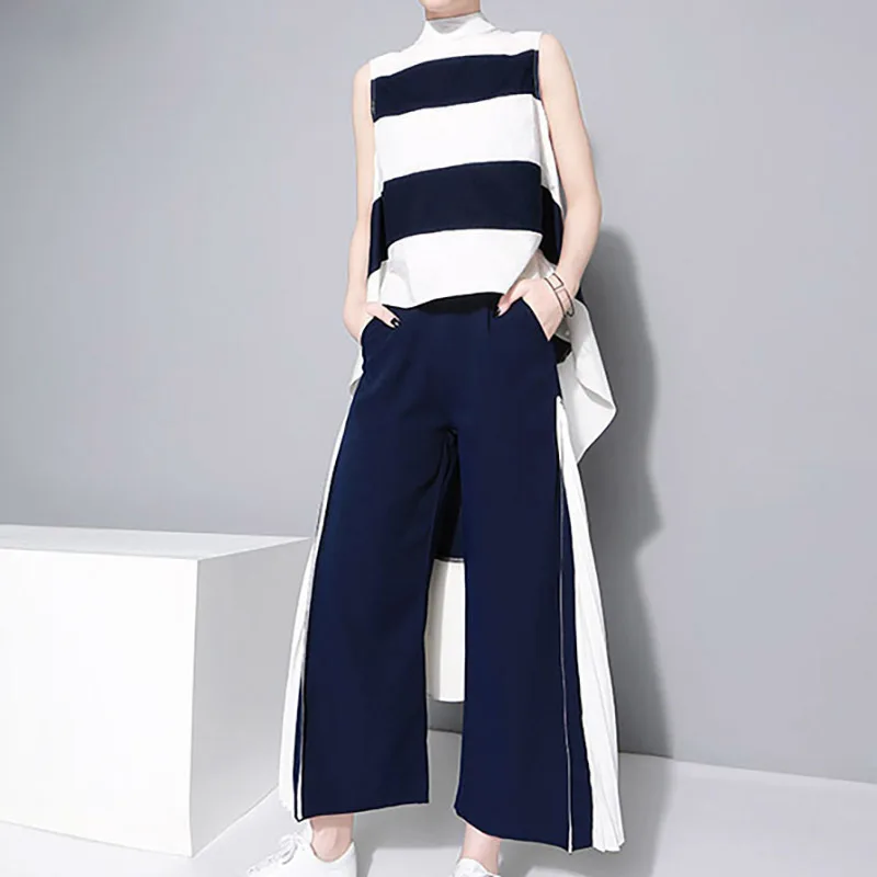 

[EWQ] New Summer 2018 Fashion turtleneck sleeveless Black Striped Split Joint Dovetail Irregualr Shirt Women Blouse JF558