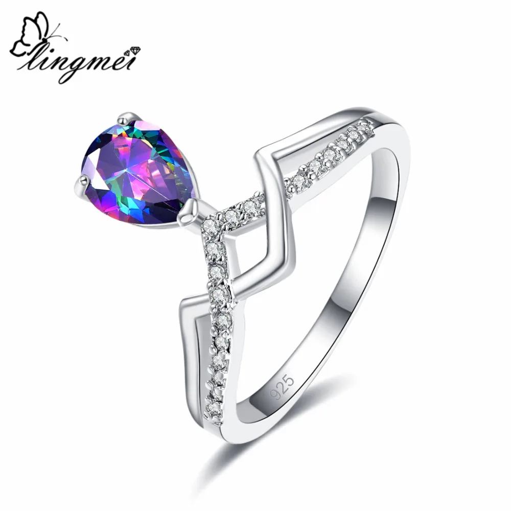 

Lingmei New Comes Pear Cut Crown Princess Jewelry Multicolor & White & Purple Cubic Zircon Silver 925 Sterling Ring Size 6 7 8 9