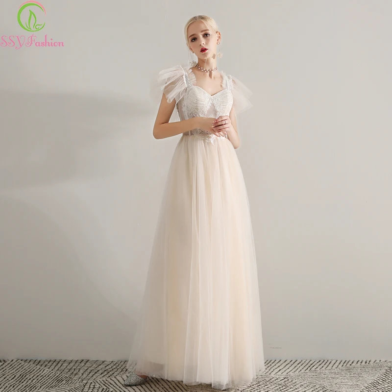 Женское вечернее платье SSYFashion бежевое длинное бальное с кружевной аппликацией