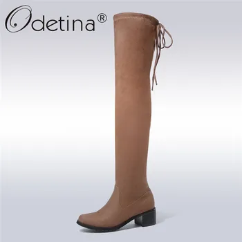 

Odetina New Fashion Leather Women Slip On Thigh Boots Comfortable Chunky Heel Lady Over The Knee Boots Big Size 43 Autumn Winter