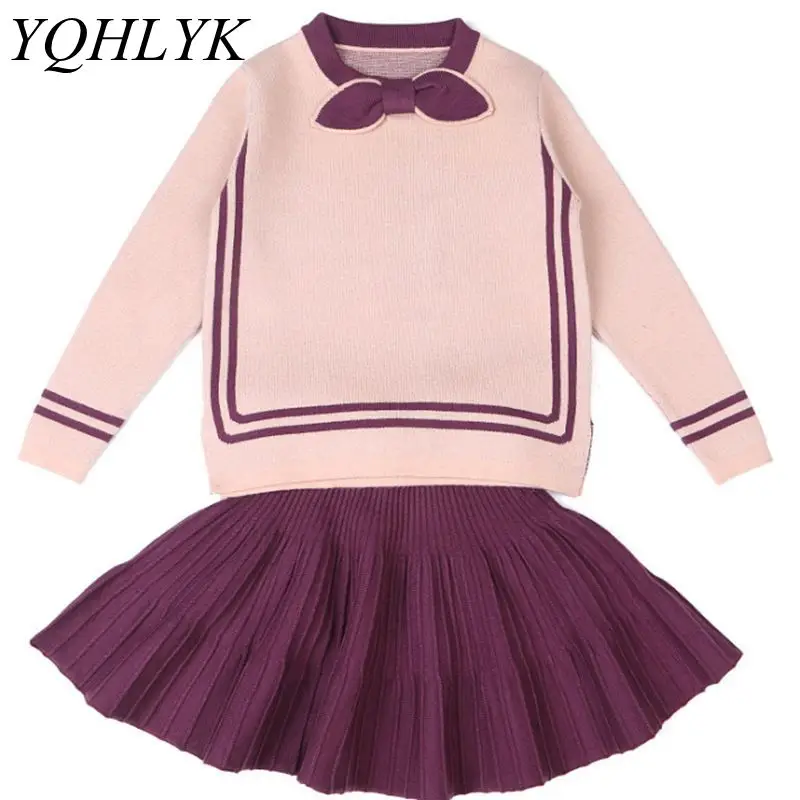 

New Fashion Spring Autumn Girls Suit 2018 Children Long Sleeve Knit Tops +Princess Mini-Skirt Sweet Casual Kids Clothes W91