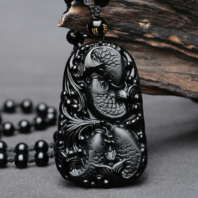 

Wonderful Chinese Handwork Natural Black Obsidian Carved Fish Happy Reunion Lucky Blessing pendant necklace Fashion JewelrY