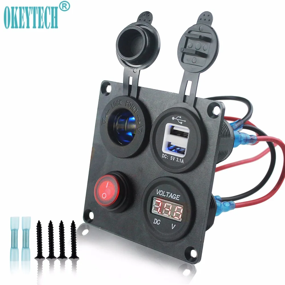 

OkeyTech Auto Parts Dual USB Socket Charger 1A&2.1A+LED Voltmeter+12V Power Outlet+ON-OFF Toggle Switch Four Functions Panel