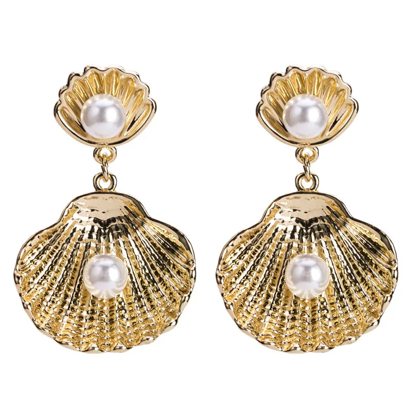 

Brand New Design Women Dangle Earrings Imitation Pearl Material Ball Gold Silver Shell Pattern Girls Ear Jewelry ET347