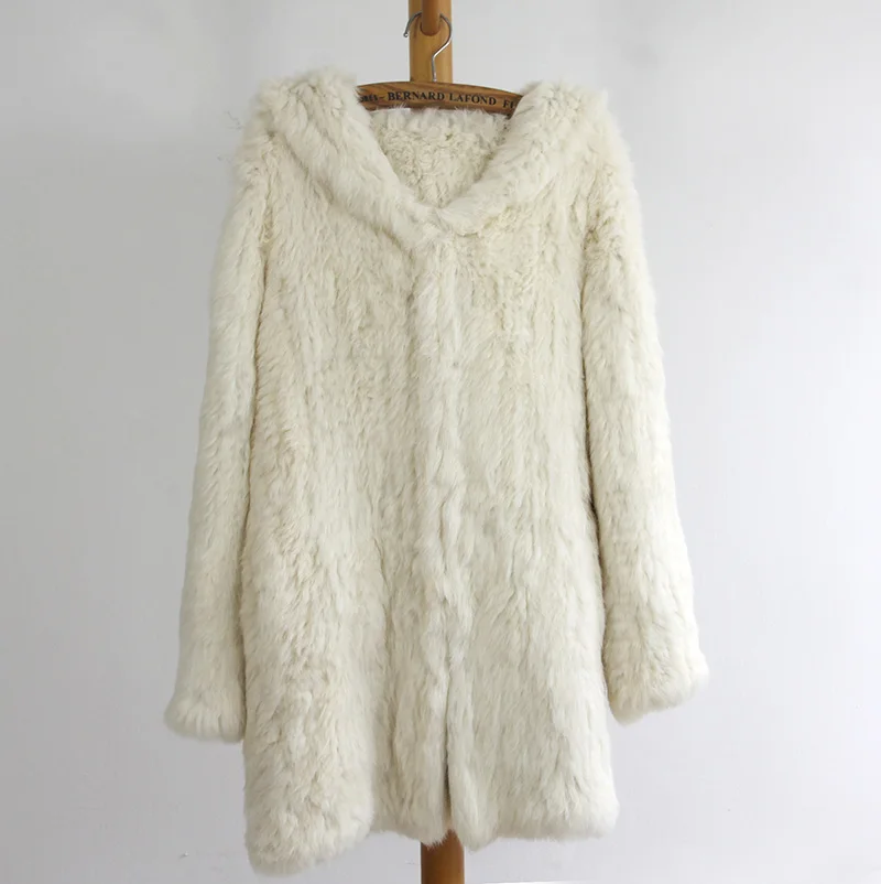 Новинка, модная зимняя женская длинная куртка с капюшоном, натуральный кроличий мех, вязаное пальто с капюшоном, теплая Толстая Меховая куртка RJ0013