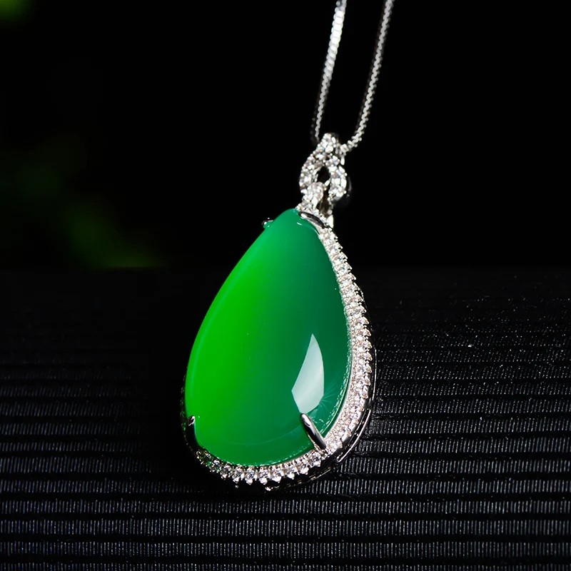 Green Agate Chalcedony Pendant Necklace 925 Silver Inlay Luck Women Gift Water Drop Jade Jewelry | Украшения и аксессуары