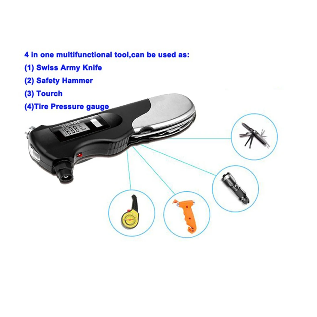 Comprar 1 unids Pza nuevo calibrador de neumáticos de linterna herramienta de emergencia Digital LCD neumático de coche medidor de presión martillo para coche motocicleta bicicleta