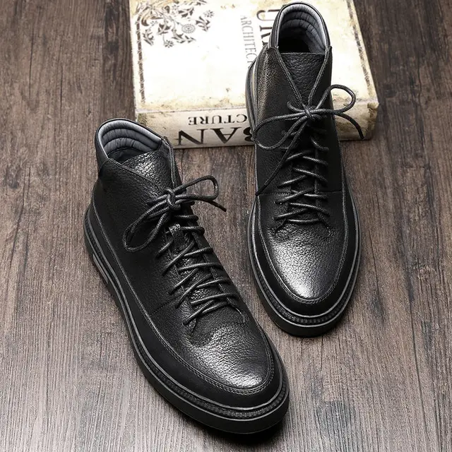 Men Genuine Leather Winter Boots Lace Up Black Ridding Boots Boys Students Casual Ankle Boots Fashion Sneakers Shoes Black