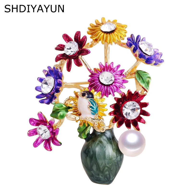 

SHDIYAYUN New Pearl Brooch Flower Vase Brooch For Women Creative Enamel Brooch Pins Brooches Natural Freshwater Pearl Jewelry