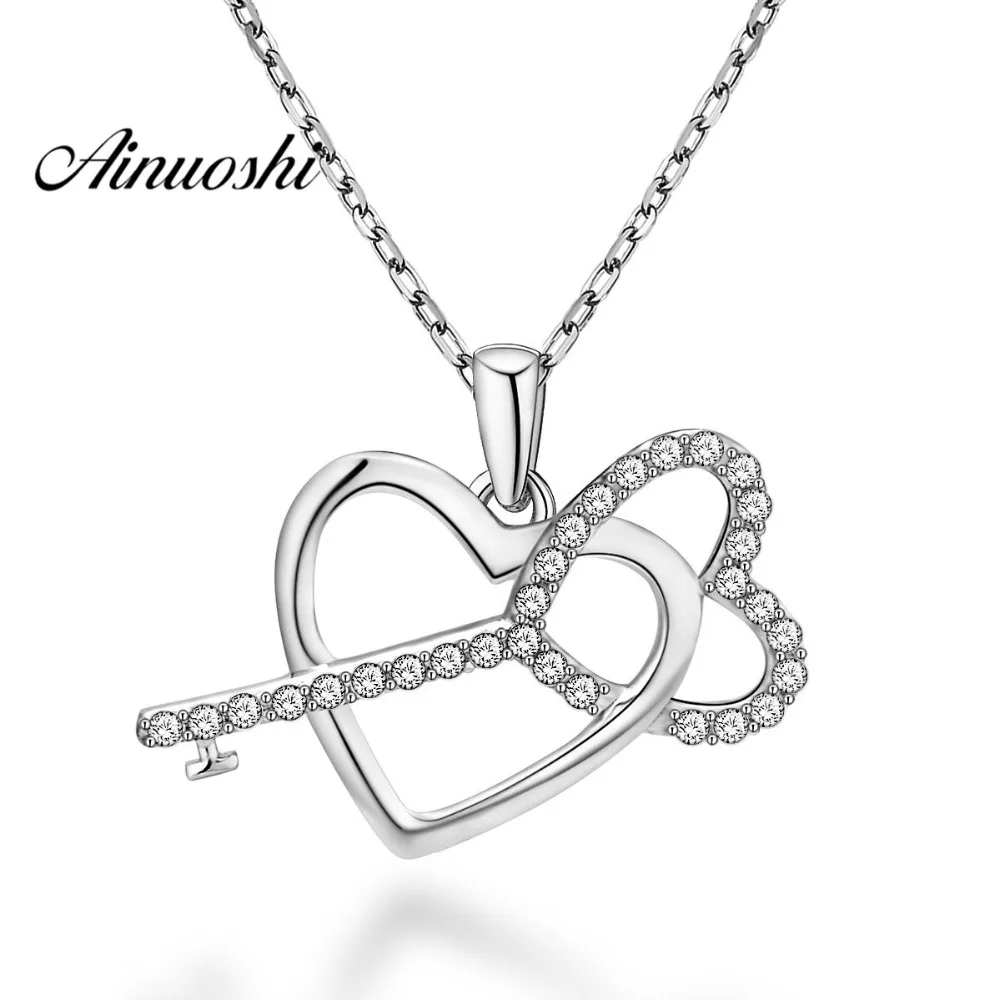 AINUOSHI Luxury 925 Sterling Silver Pendant Necklace for Women Key Through Heart Love Long Chain