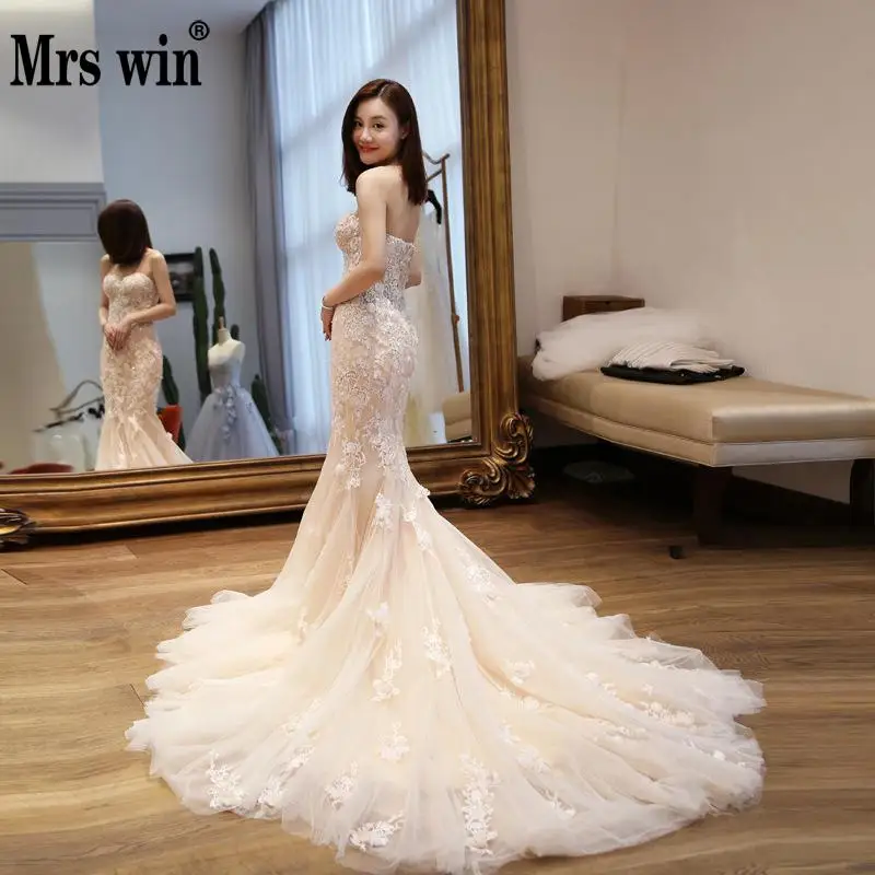 

Mermaid Wedding Dress 2019 The Champagne Strapless Chapel Train Lace Up Trumpet Dresses Princess Luxury Lace Vestido De Noiva F