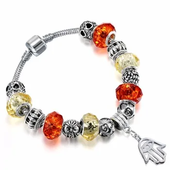 1Pcs Summer Style Snake Chain Heart Bead Bracelet with CZ Heart Clasp Silver Hamsa Hand Drop Bracelets for women Jewelry diy
