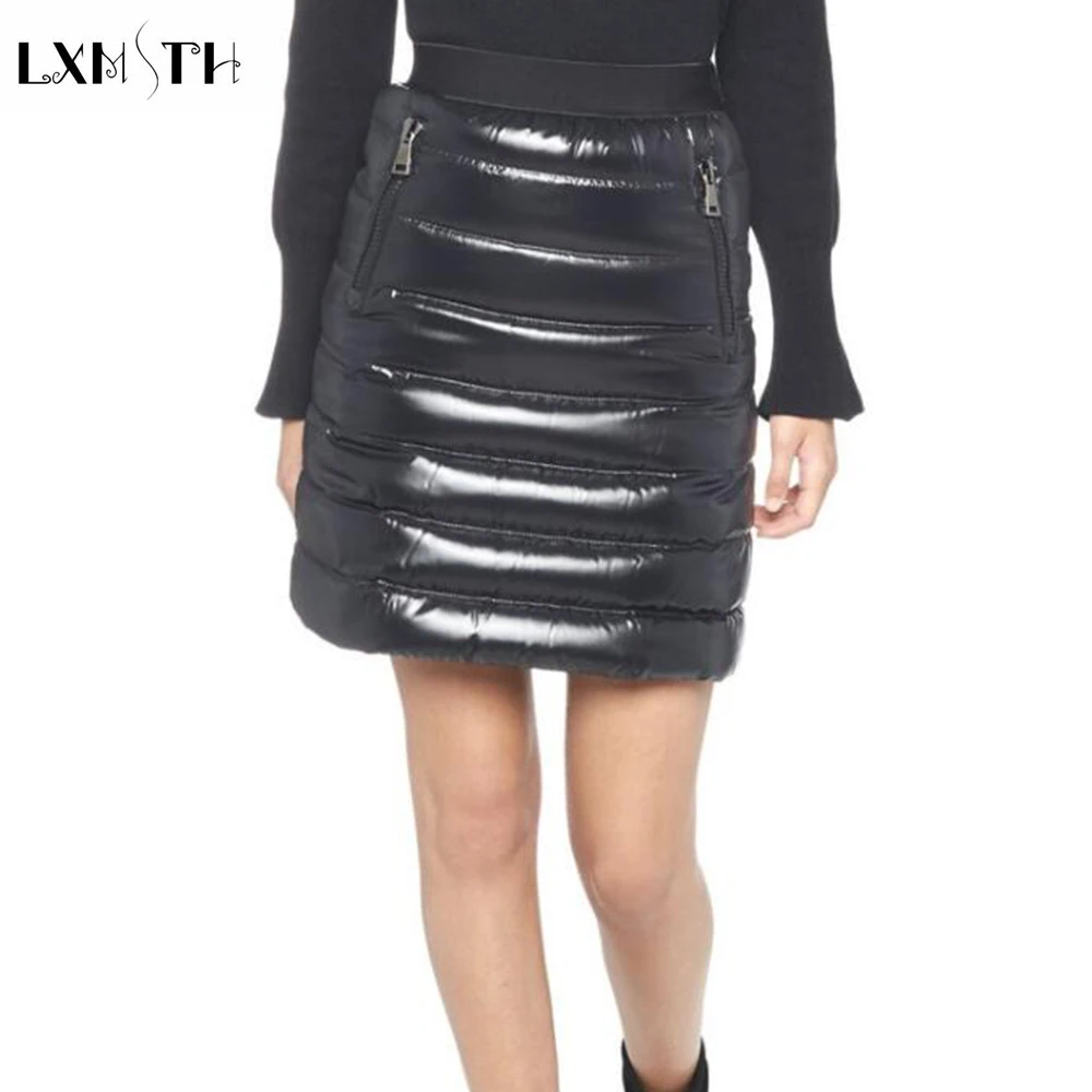 

LXMSTH Winter New Fashion Women Duck Down Skirt Solid Thick Runway Skirts 2018 Women High Quality Casual Sexy Mini A Line Skirt