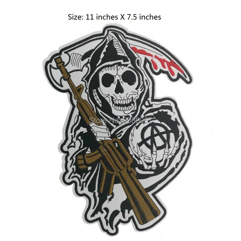 

11" XXL Large BIKER VEST SOA GRIM REAPER MC EMBROIDERED BACK OF JACKET PATCHES For Leather Jacket Back WHOLESALE