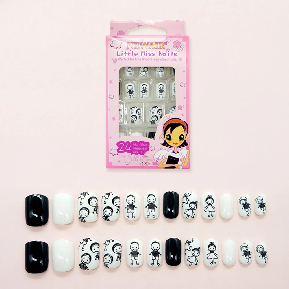 

Cool Nail Tips Black White Boy Girl Patterns 24 Pcs Pre-glue Press on Nail Tips Short Cute Fake Nails Art Women Children Acrylic